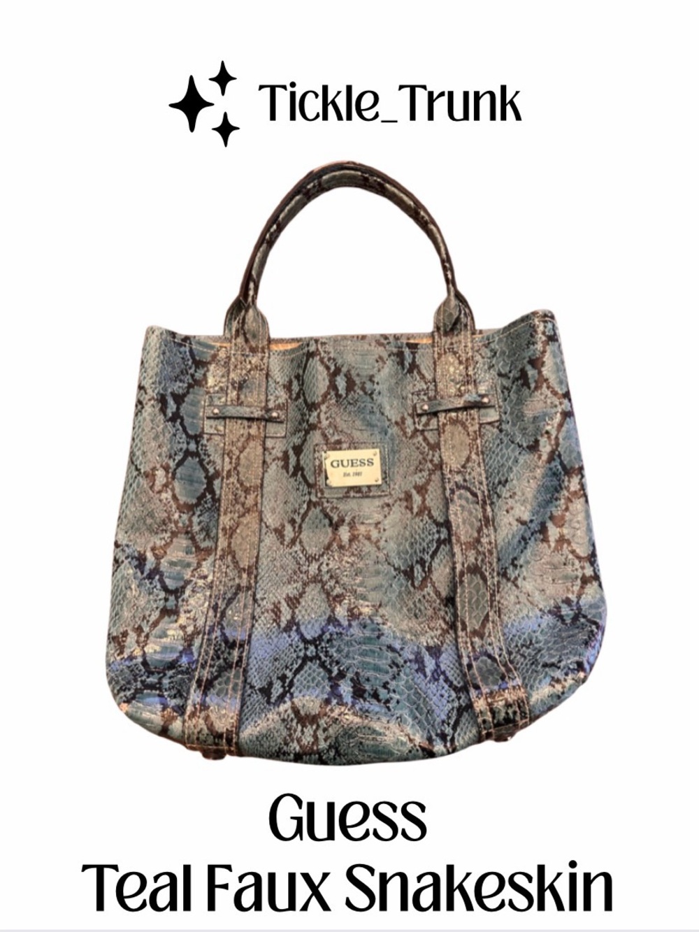 GUESS Teal Blue Snakeskin-Print Faux Leather Large Tote Bag